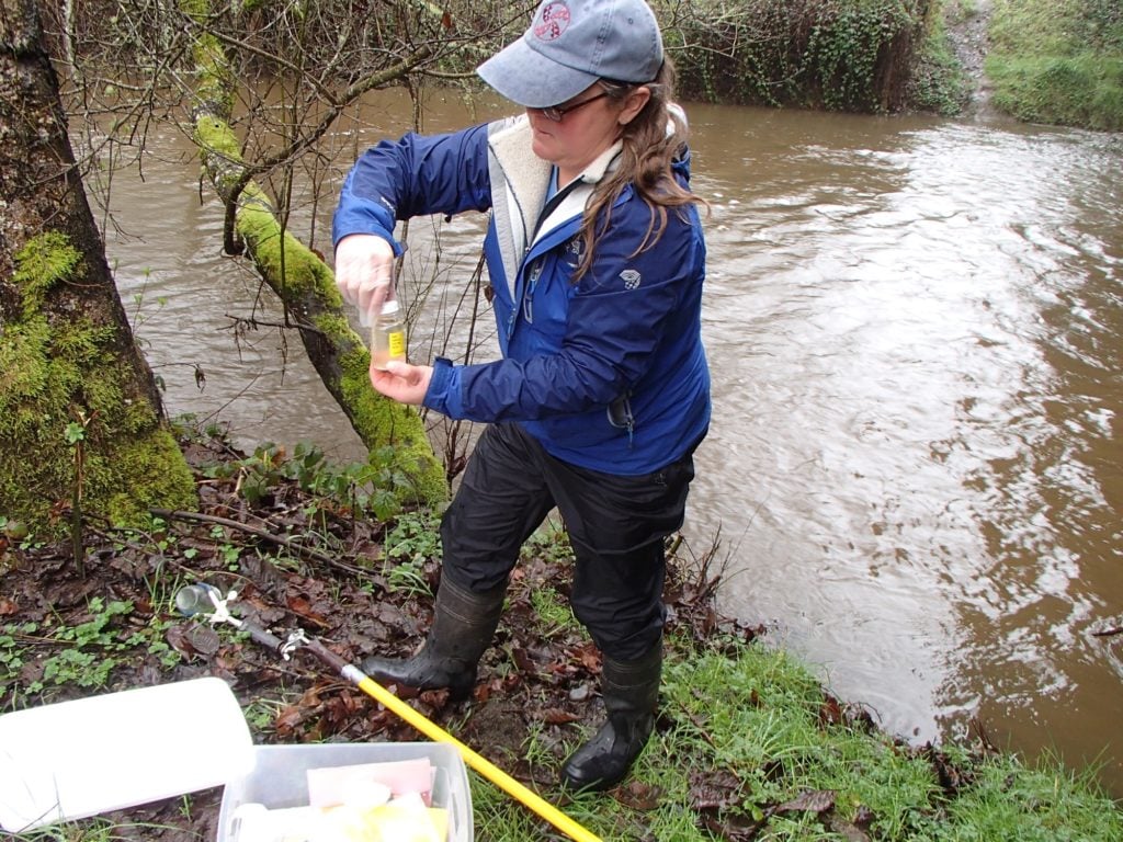 Humboldt Baykeeper Jen Kalt collecting bacteria samples for a continuing source identification study. Photo by Todd Kraemer, Pacific Watershed Associates.