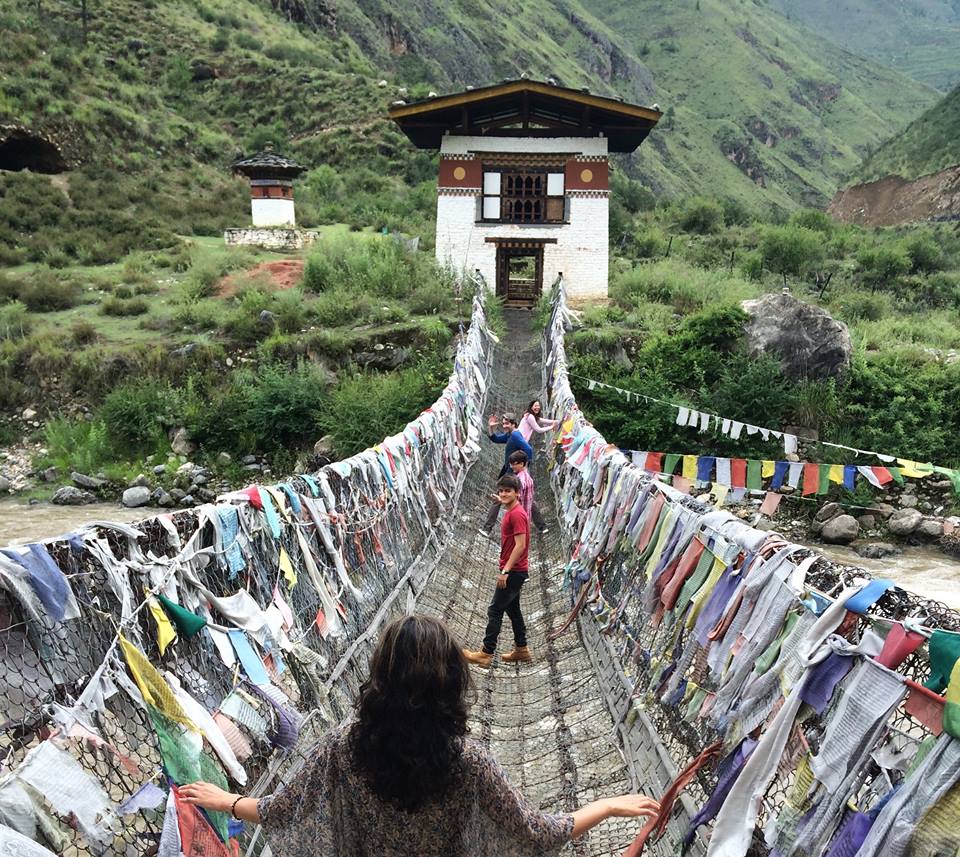A footbridge over the Paro Chu River near its headwaters high in the Himalayas. 